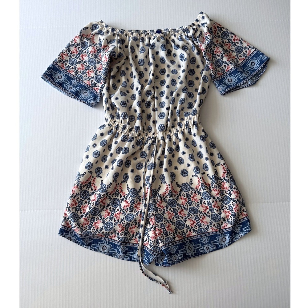 Lac Bleu Cream Blue Floral Romper Women Small Boho Off Shoulder Short Sleeve